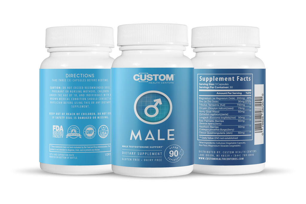 CUSTOM HEALTH CENTERS -Male" formula supports the unique health needs of adult men