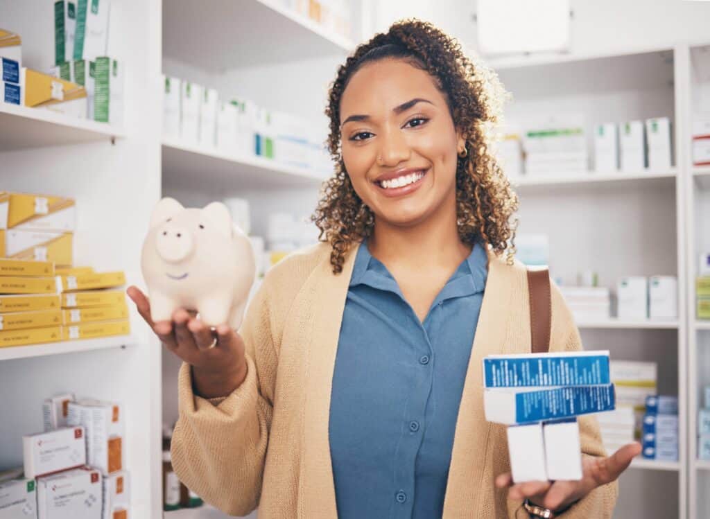 A woman pharmacist considering the costs of compounded tirzepatide and FDA-approved medication