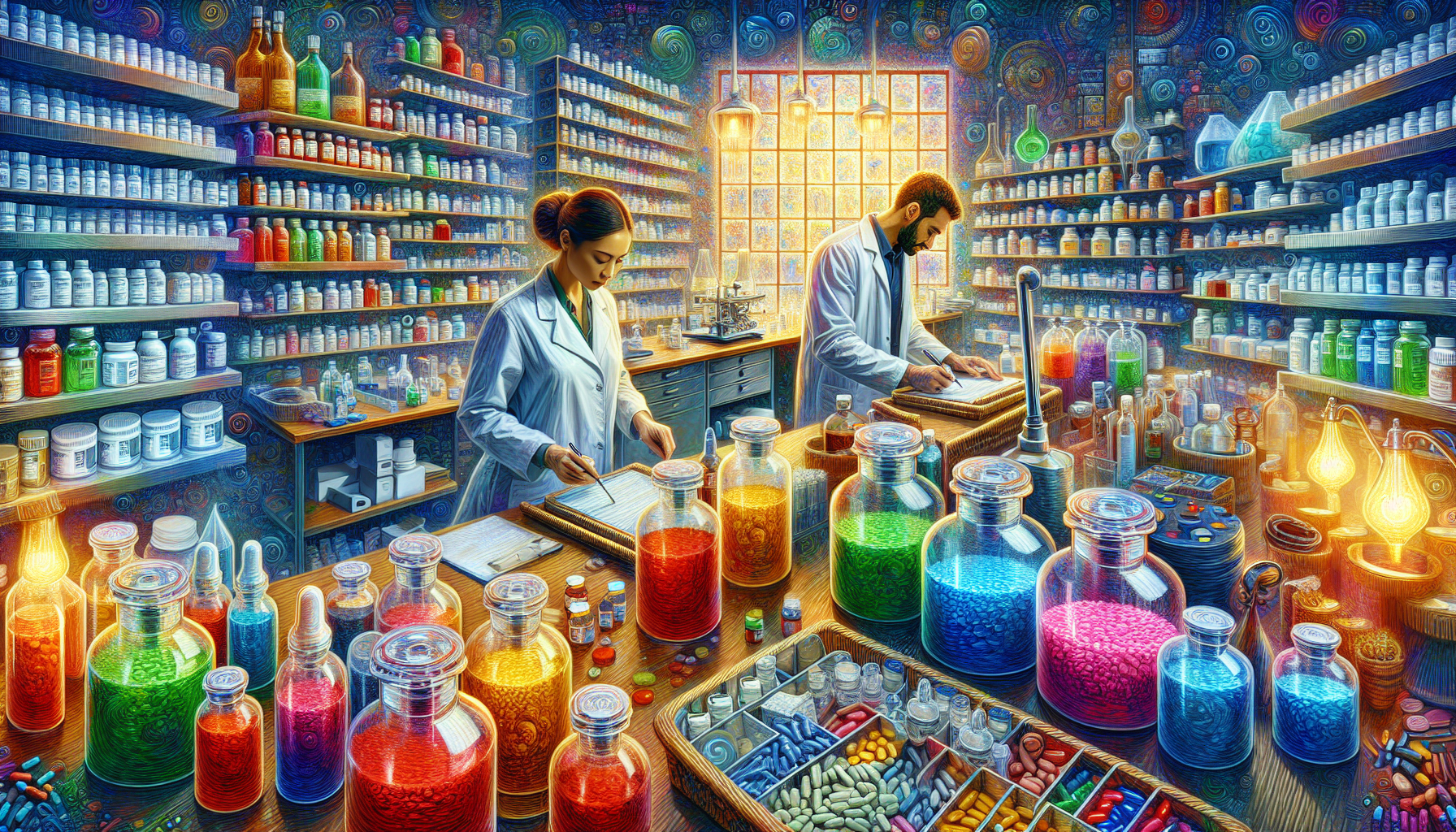 An illustration of a compounding pharmacy where semaglutide is prepared.