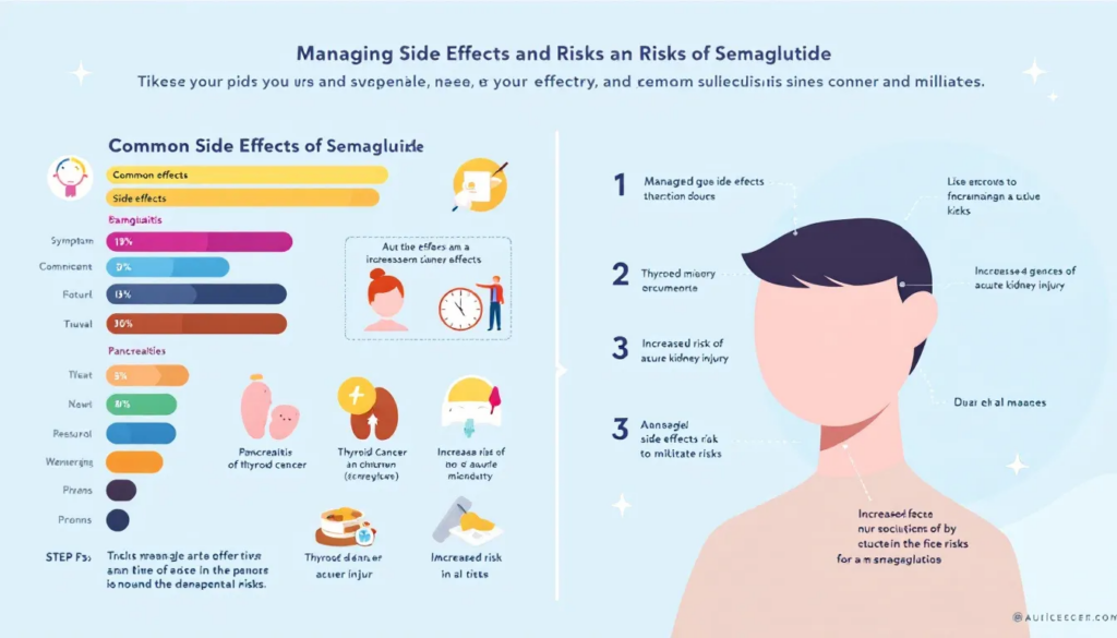 An infographic summarizing managing side effects and risks of semaglutide.